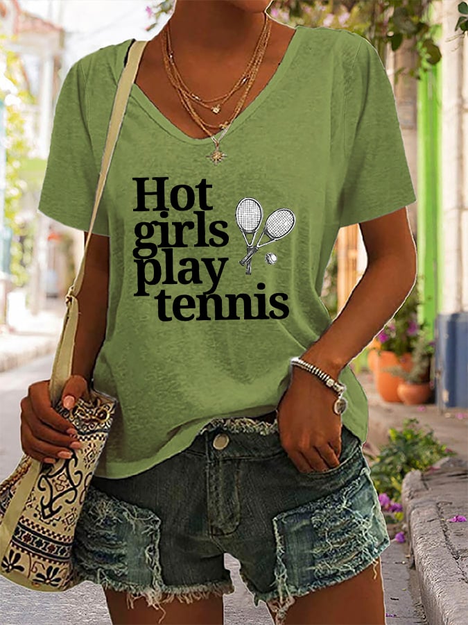 Women's Hot girls play tennis Printed V-Neck T-Shirt