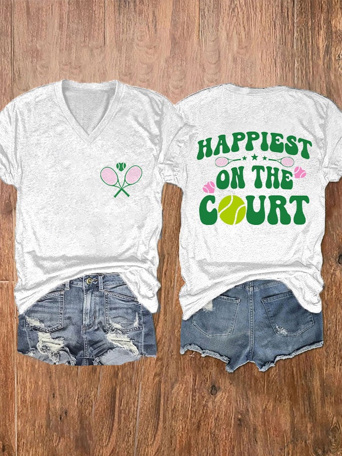 Women's Tennis Lovers Printed V-Neck T-Shirt