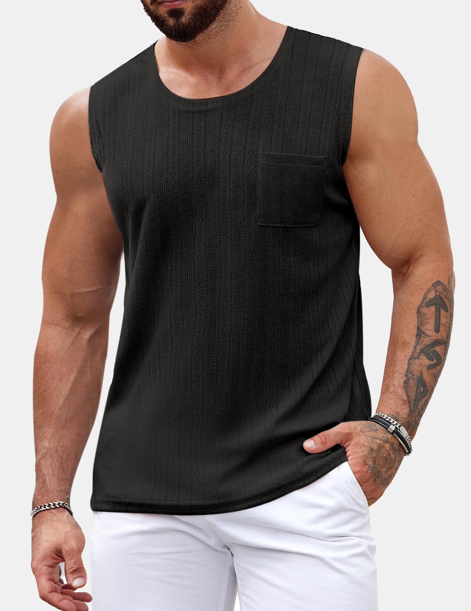 Men's Casual Knitted Vertical Stripe Pocket Sleeveless T-shirt