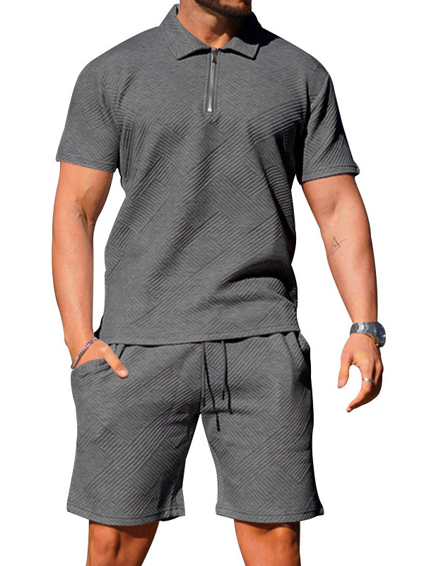 Men's Casual Short-sleeved Lapel T-shirt Textured Shorts Polo Shirt Two-piece Set