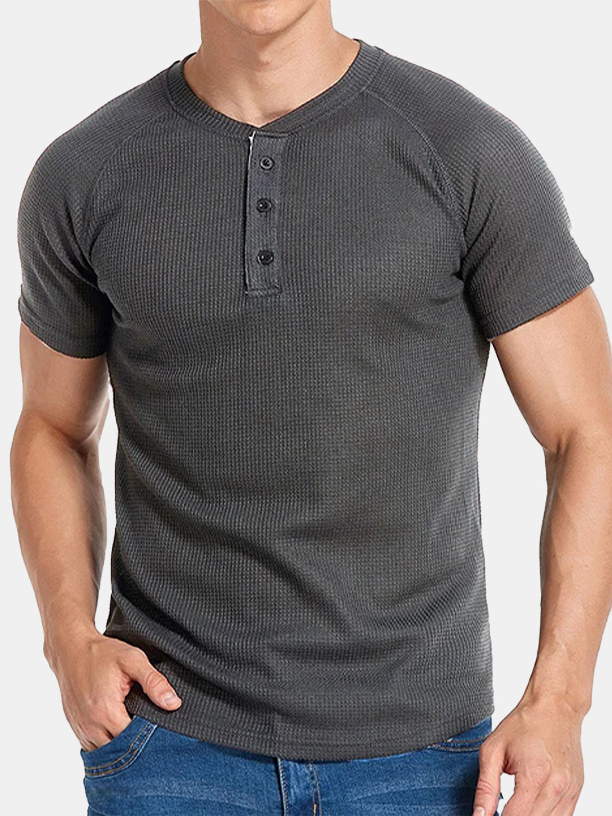 Men's Solid Color Waffle Button Short Sleeve T-shirt