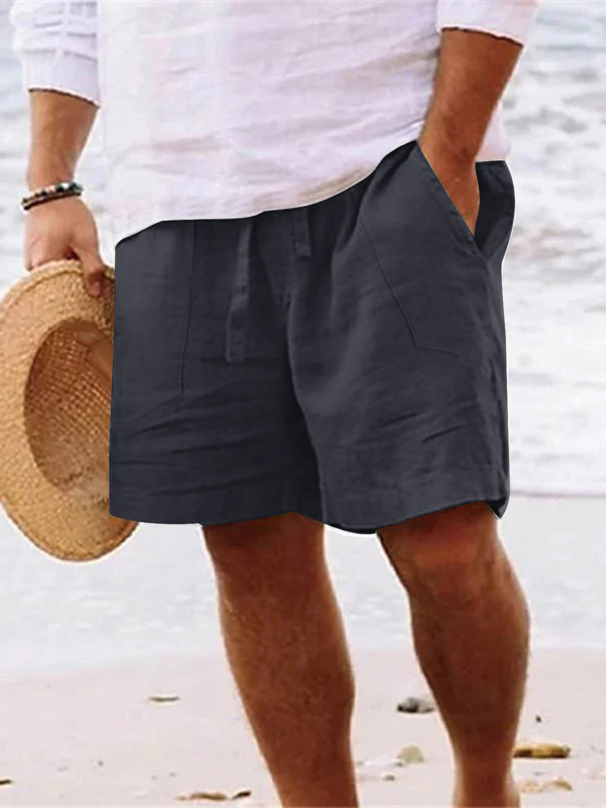 Men's Solid Color Drawstring Breathable Cotton and Linen Beach Shorts