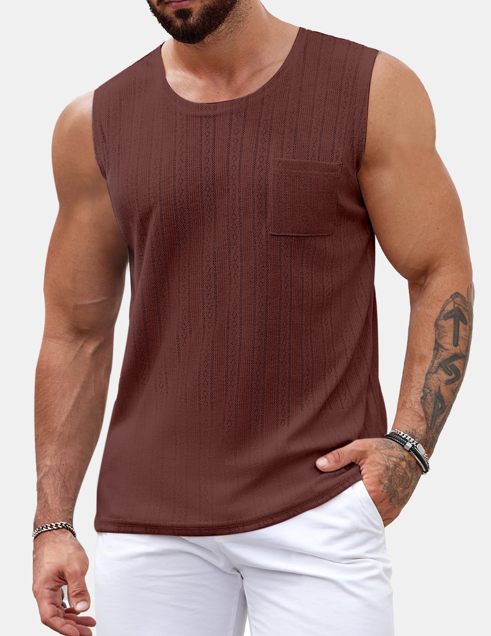 Men's Casual Knitted Vertical Stripe Pocket Sleeveless T-shirt