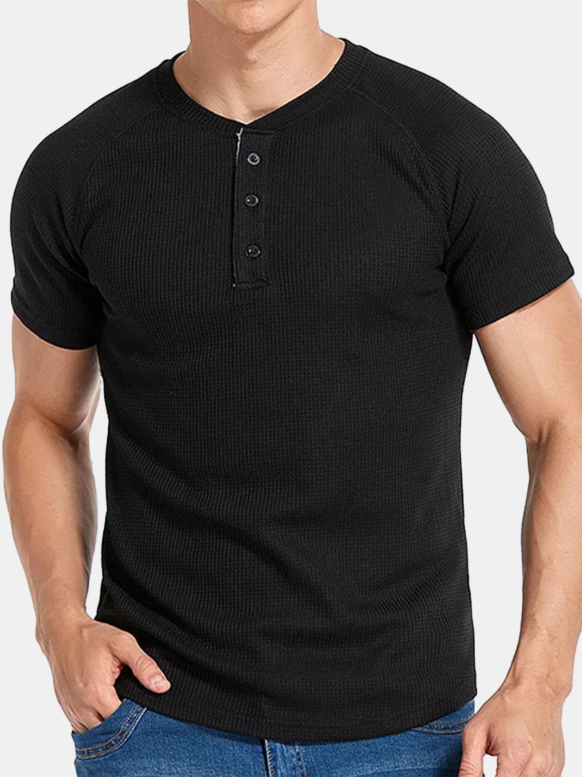 Men's Solid Color Waffle Button Short Sleeve T-shirt