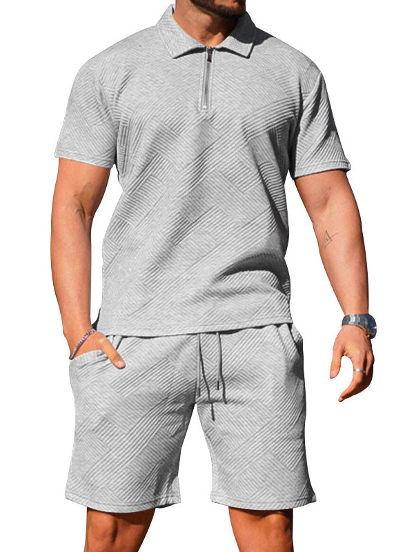 Men's Casual Short-sleeved Lapel T-shirt Textured Shorts Polo Shirt Two-piece Set