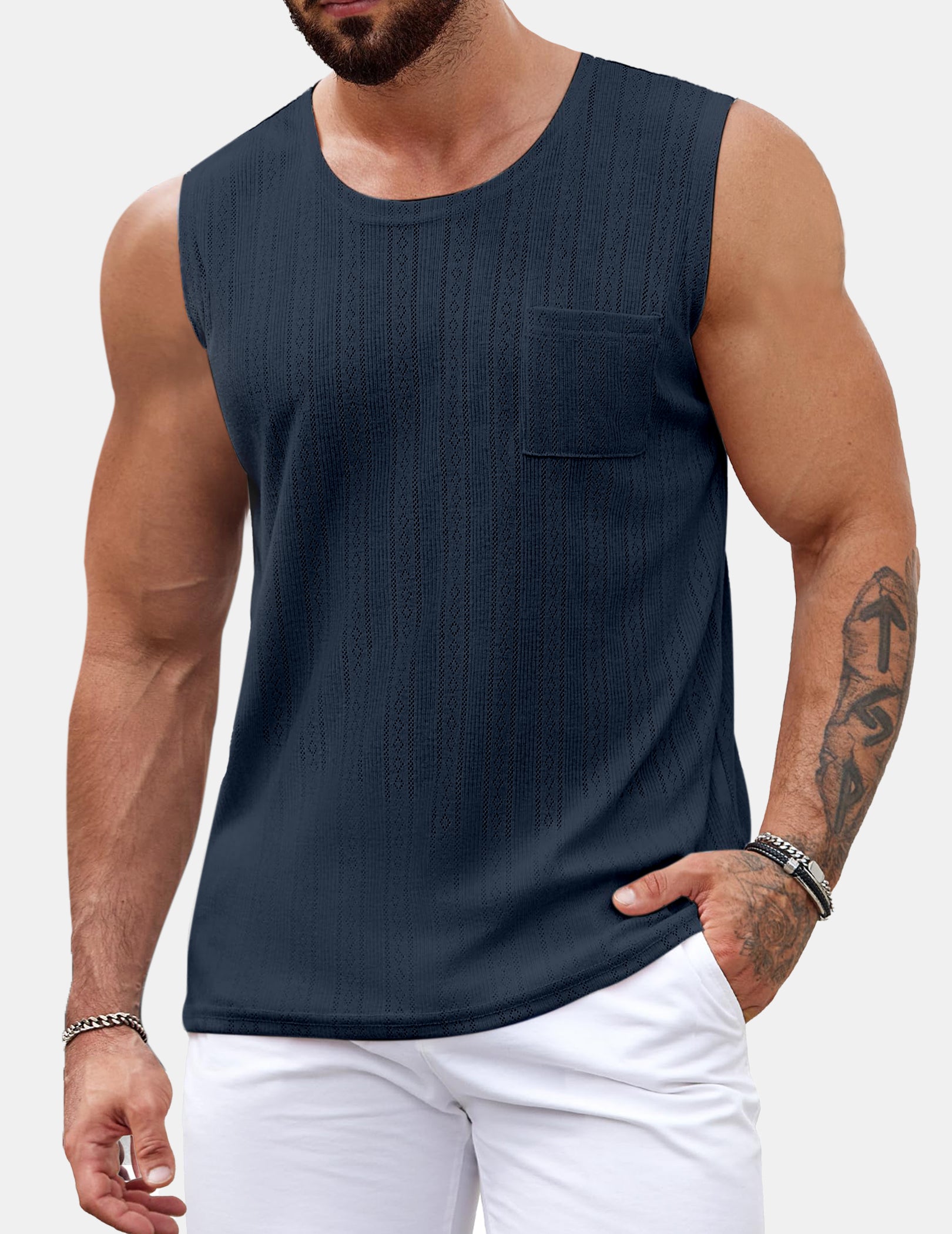 Men's Casual Knitted Vertical Stripe Pocket Sleeveless T-shirt