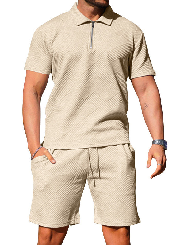 Men's Casual Short-sleeved Lapel T-shirt Textured Shorts Polo Shirt Two-piece Set