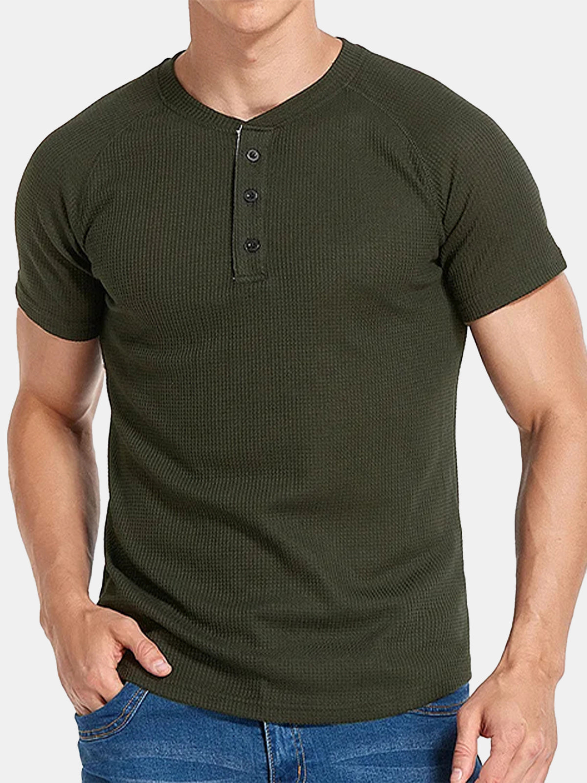 Men's Solid Color Waffle Button Short Sleeve T-shirt