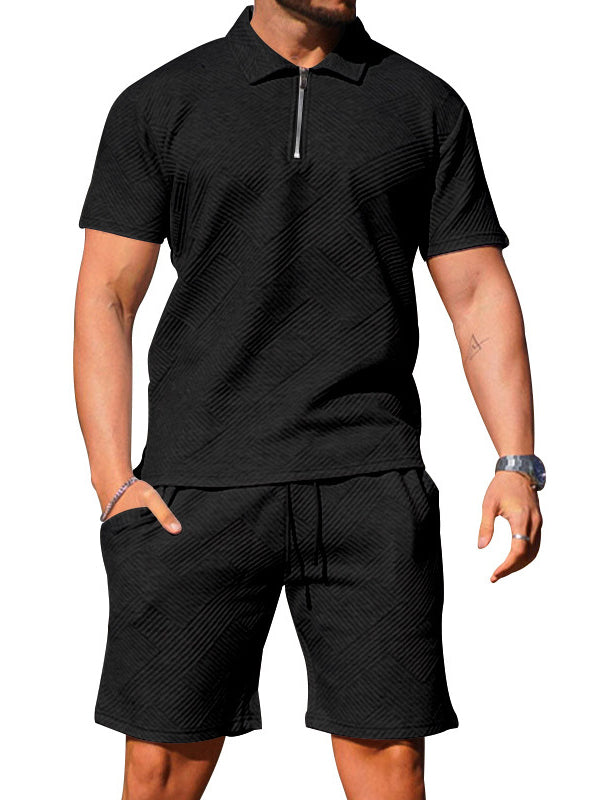 Men's Casual Short-sleeved Lapel T-shirt Textured Shorts Polo Shirt Two-piece Set