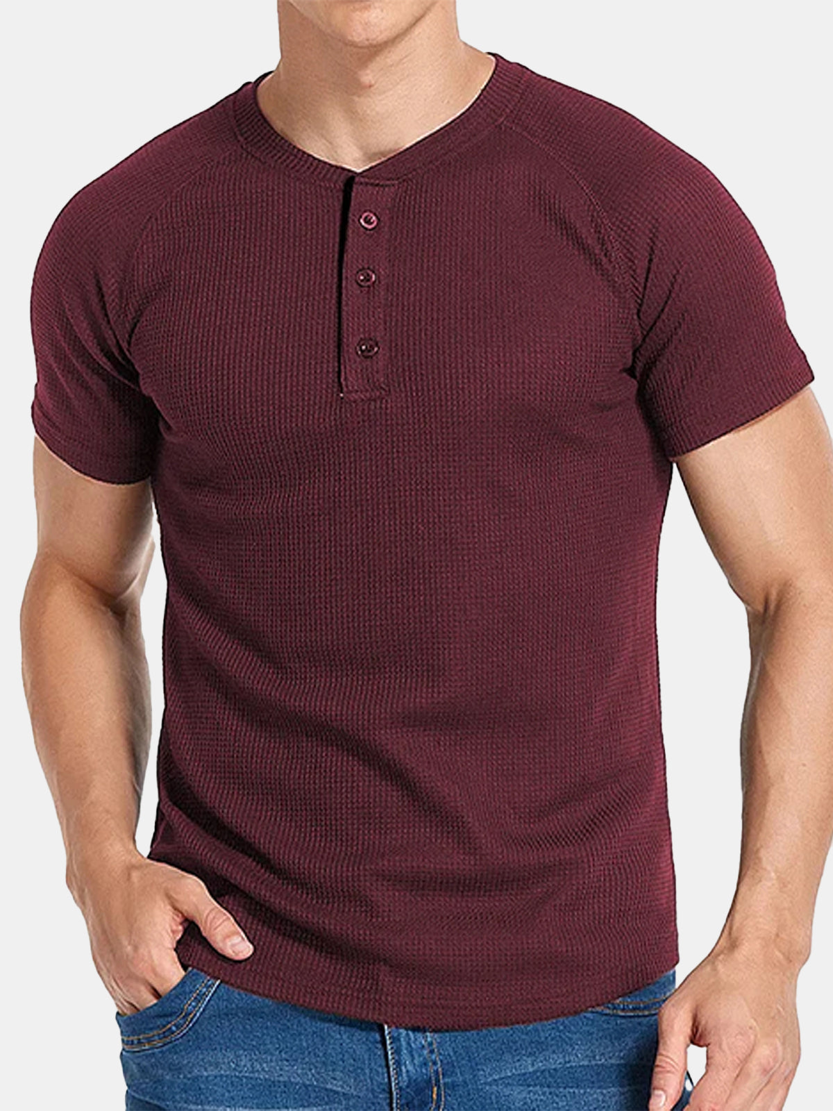 Men's Solid Color Waffle Button Short Sleeve T-shirt