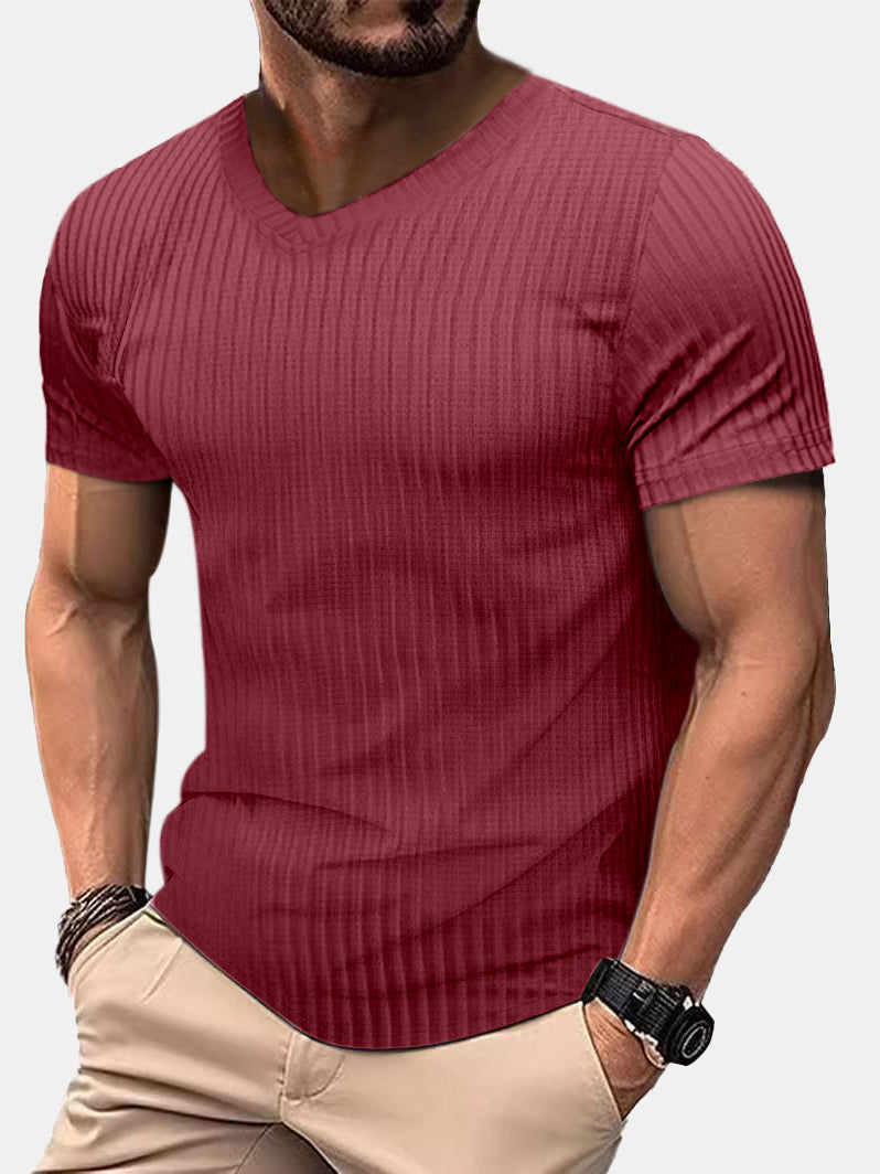 Men's Casual Daily Solid Color V-neck Vertical Strip Short-sleeved T-shirt