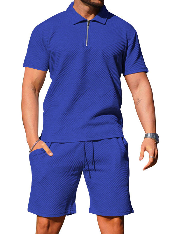 Men's Casual Short-sleeved Lapel T-shirt Textured Shorts Polo Shirt Two-piece Set