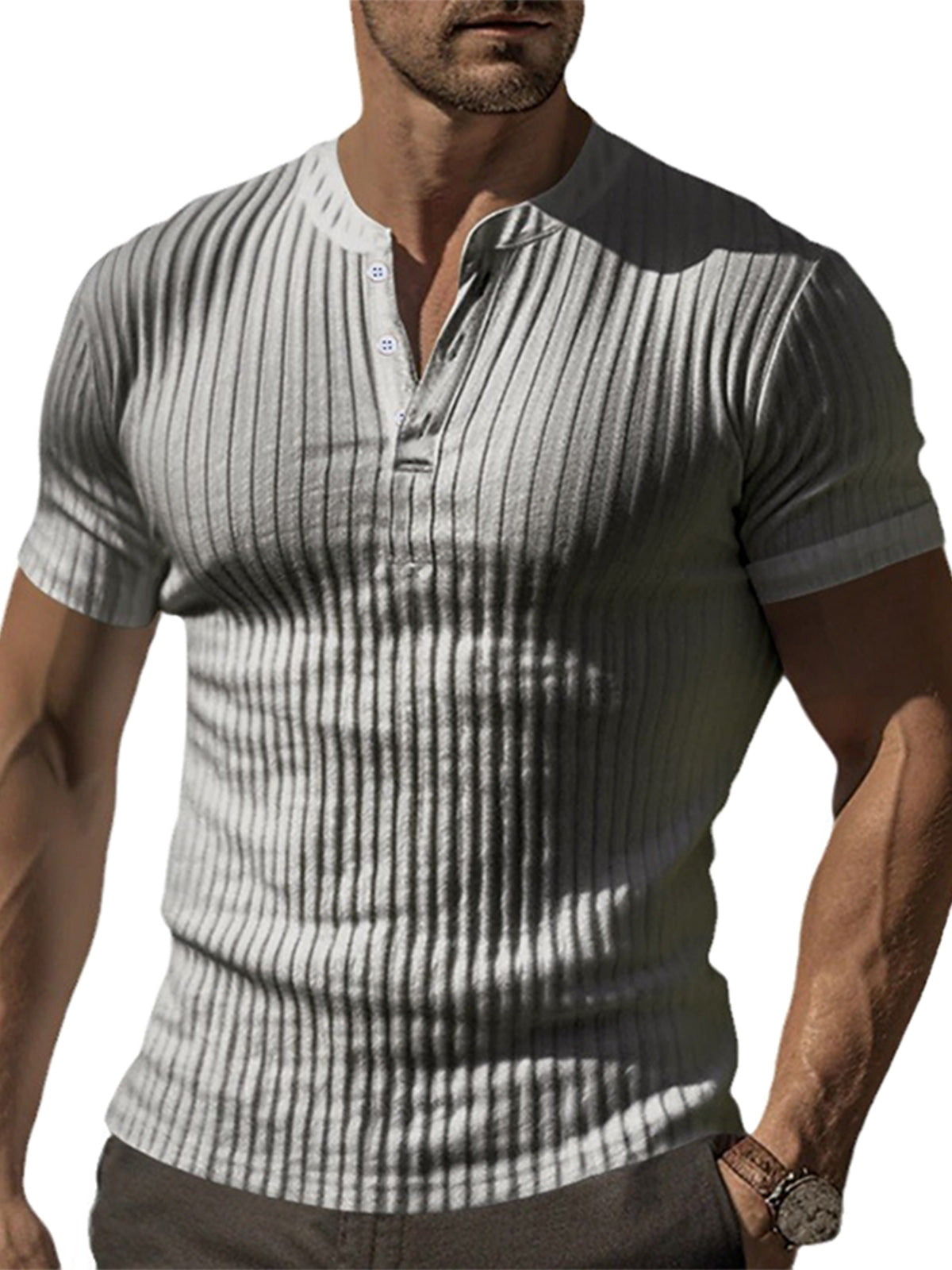 Men's solid color pit strip casual button V-neck short-sleeved Henley T-shirt