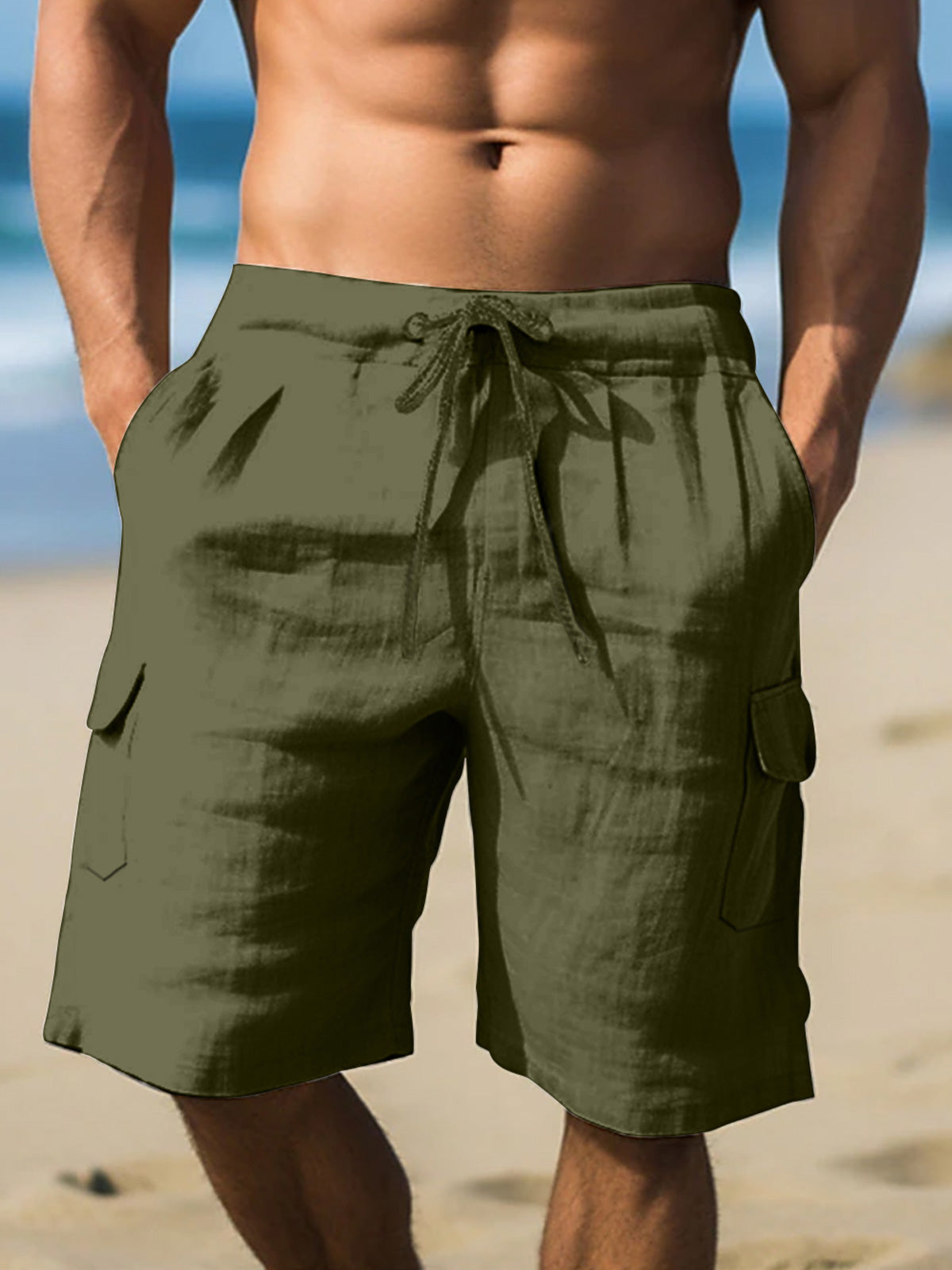 Men's Cotton and Linen Multi-Pocket Tie Beach Shorts