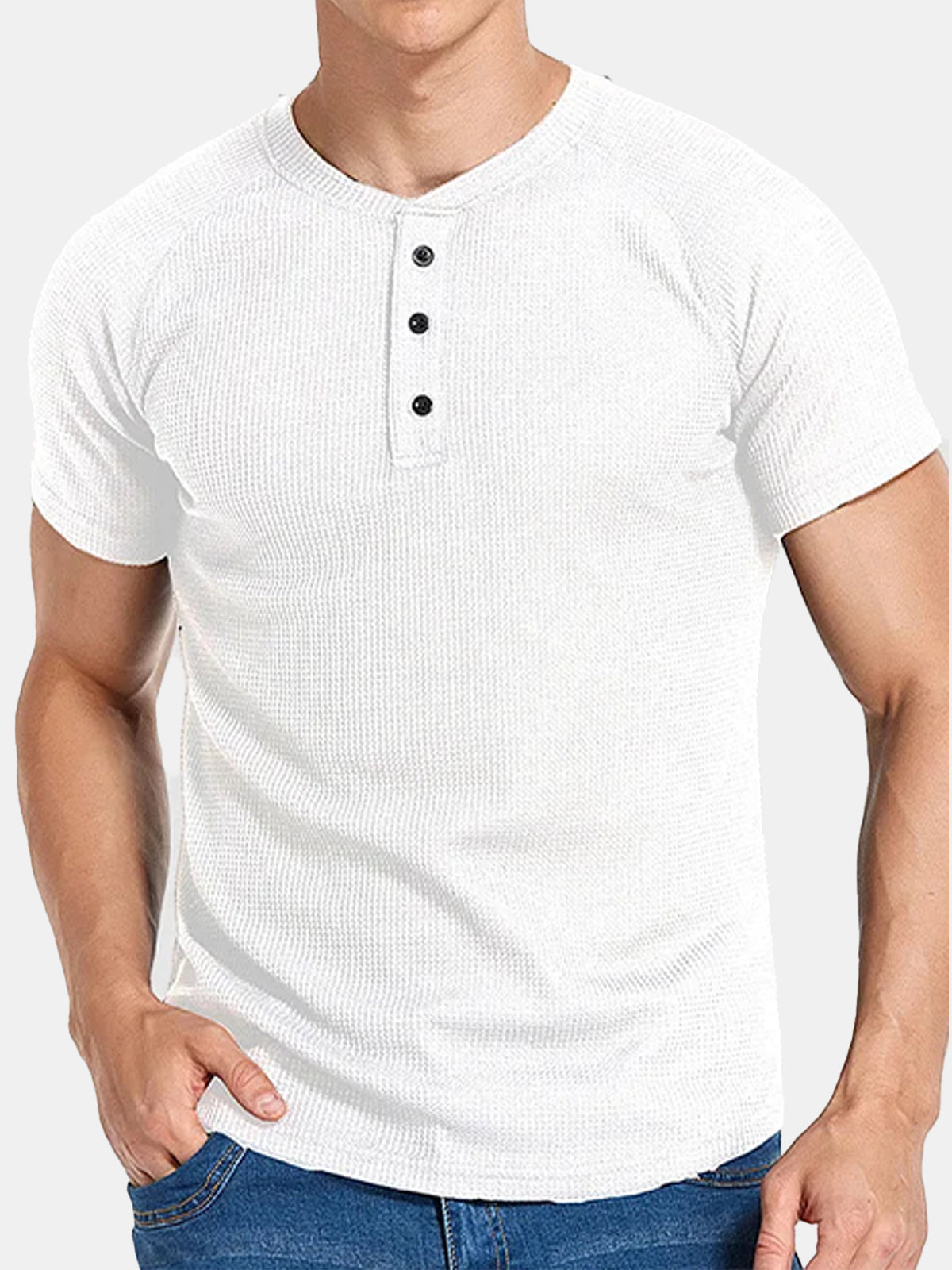 Men's Solid Color Waffle Button Short Sleeve T-shirt