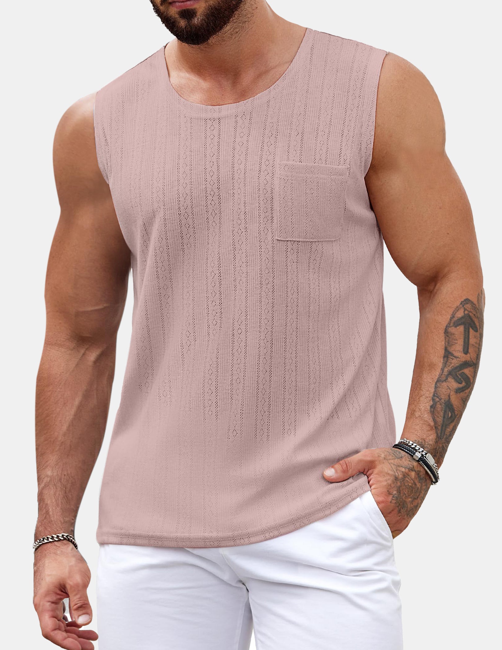 Men's Casual Knitted Vertical Stripe Pocket Sleeveless T-shirt