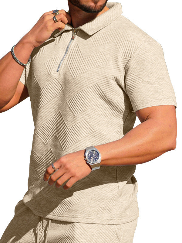 Men's Casual Short-sleeved Lapel T-shirt Textured Shorts Polo Shirt Two-piece Set