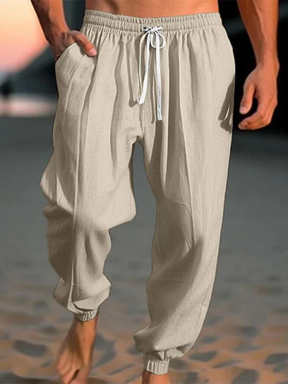 Men's cotton and linen drawstring loose casual trousers