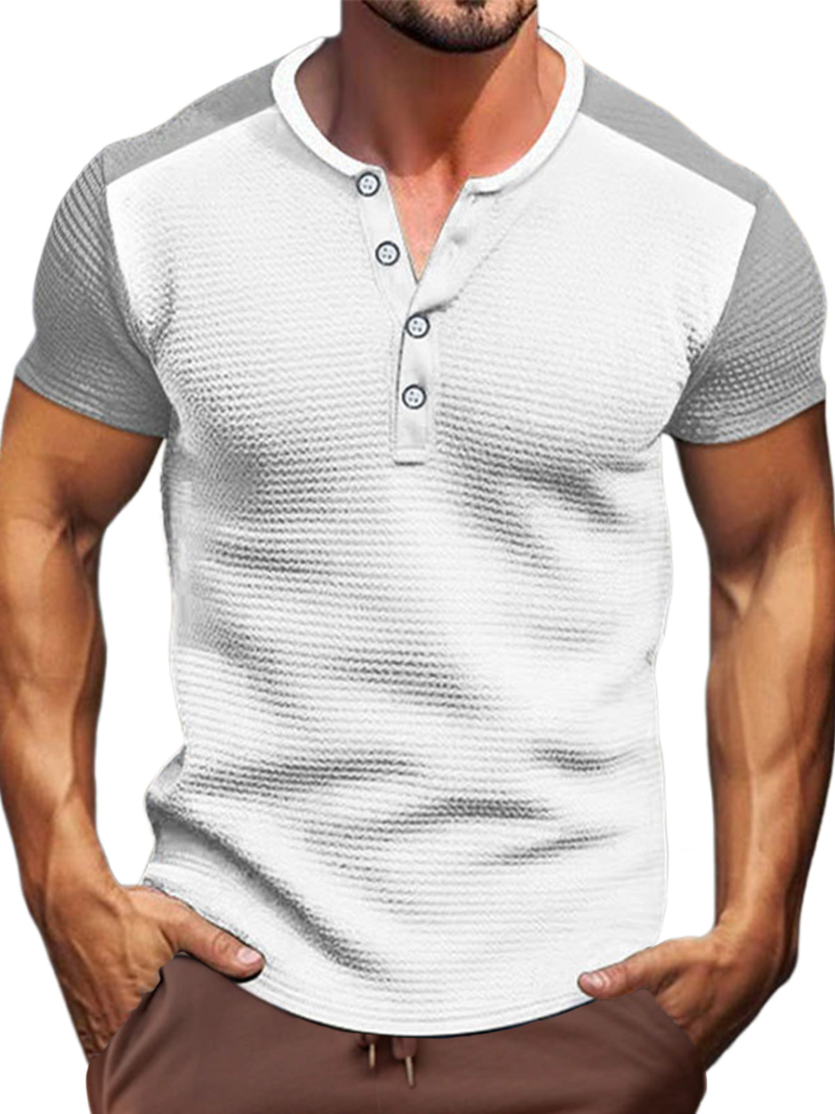 Men's Waffle Color Block Short Sleeve Henley T-Shirt