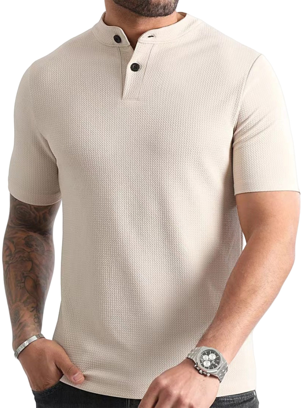 Men's simple texture solid color Henley short-sleeved T-shirt