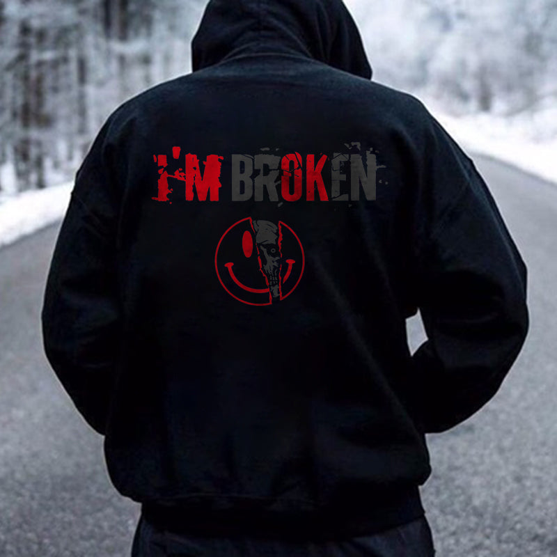 Vintage I'm Broken Letters Skull Print Men??s Hoodie