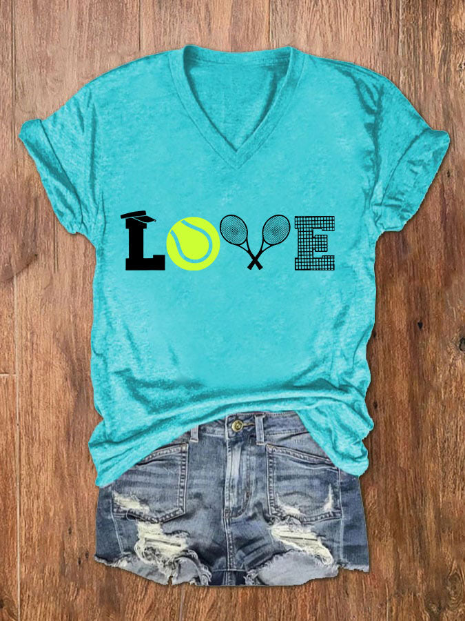 Women's Love Tennis Print V-Neck T-Shirt