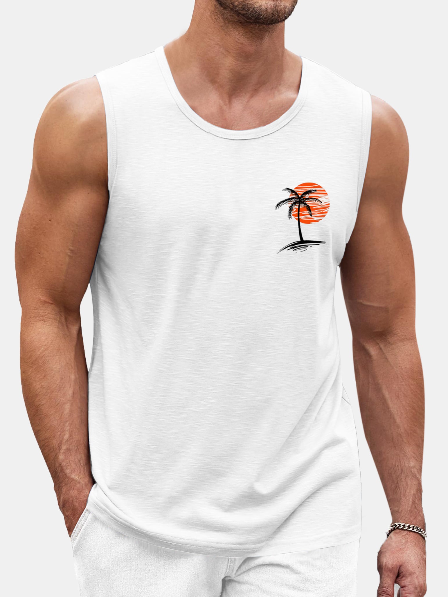 Men's Solid Color Hawaiian Coconut Print Comfortable Sleeveless T-shirt