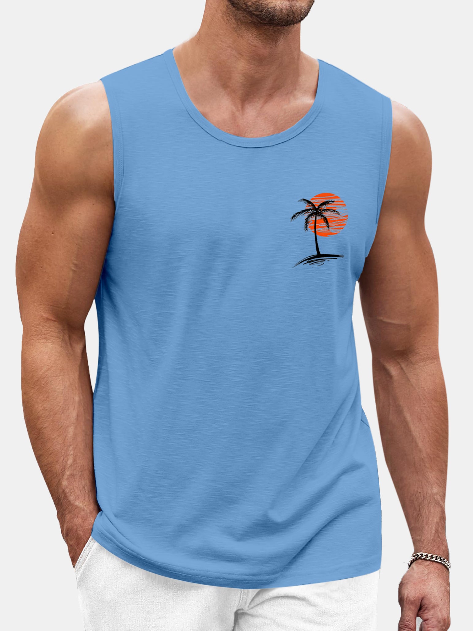 Men's Solid Color Hawaiian Coconut Print Comfortable Sleeveless T-shirt