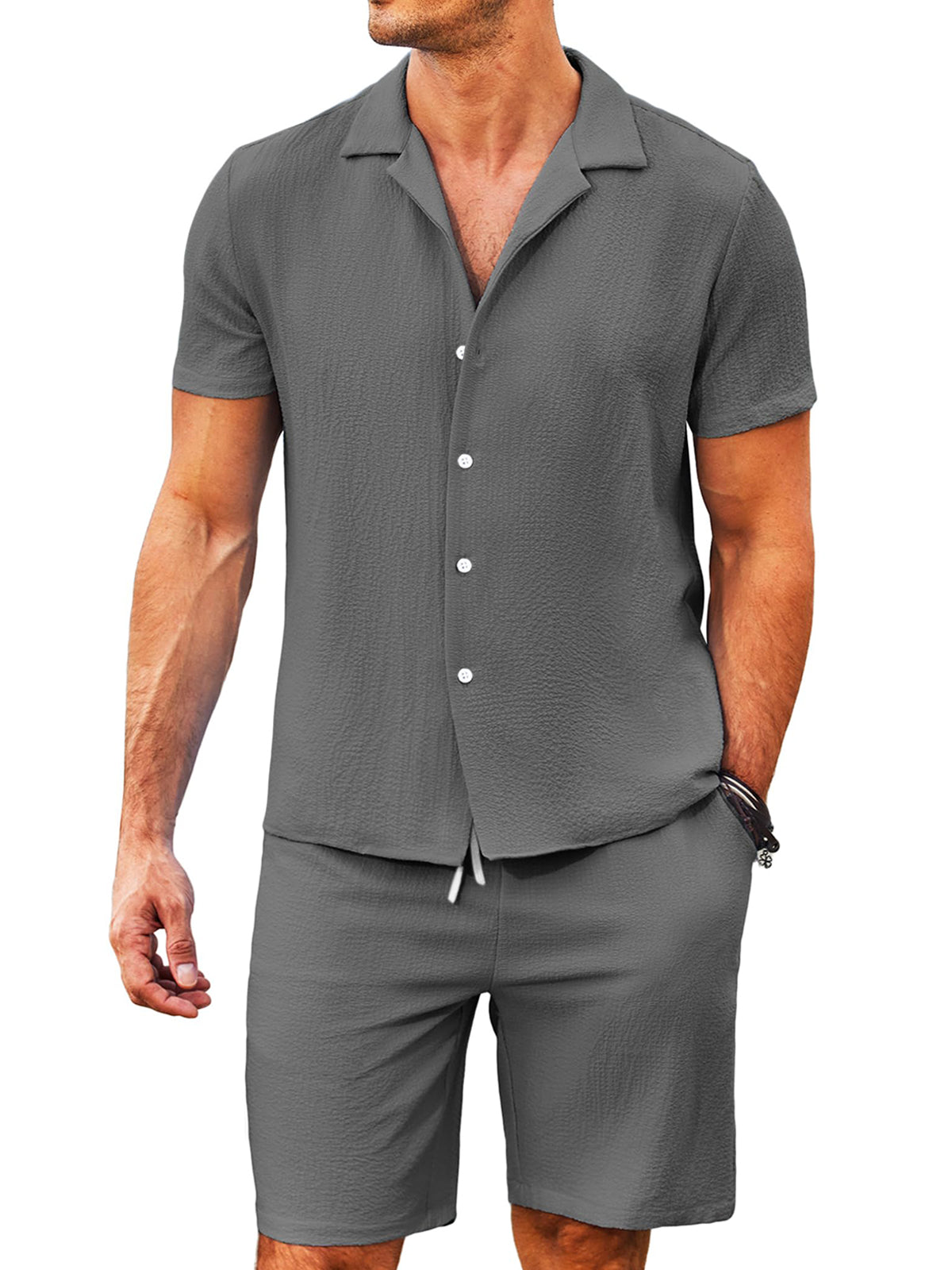 Men's Daily Comfortable Solid Color Puff Wrinkle Short Sleeve Shorts Set