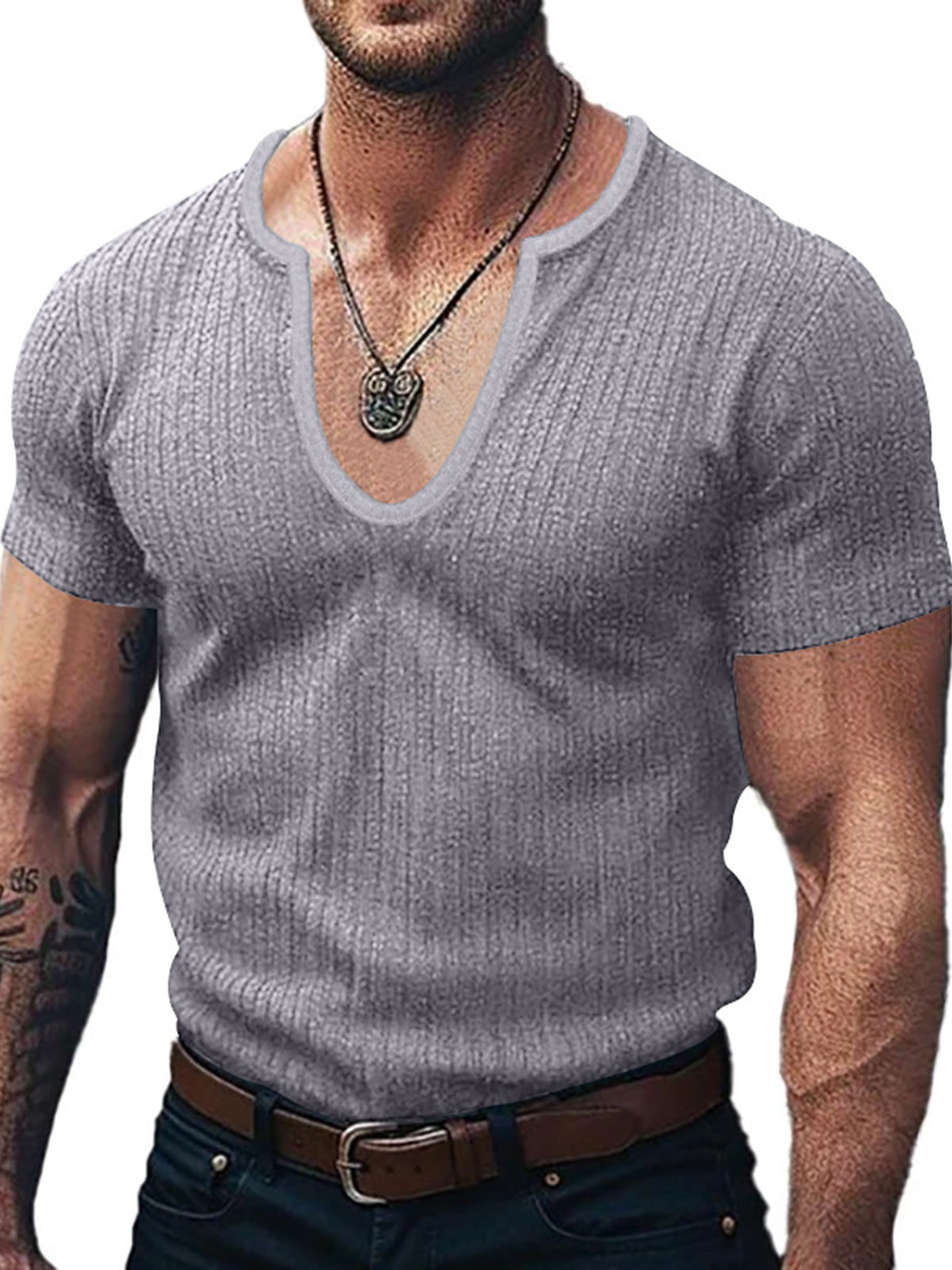 Men's U-neck striped short-sleeved T-shirt