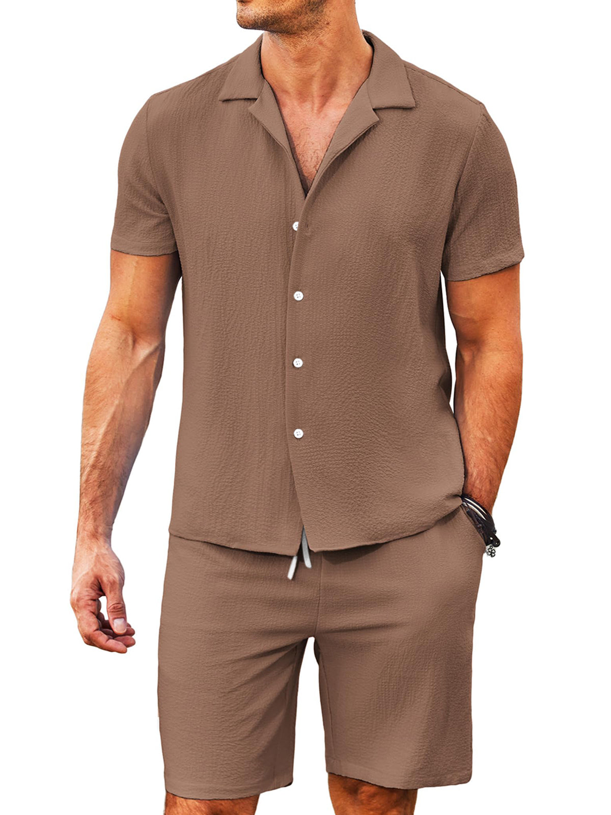 Men's Daily Comfortable Solid Color Puff Wrinkle Short Sleeve Shorts Set