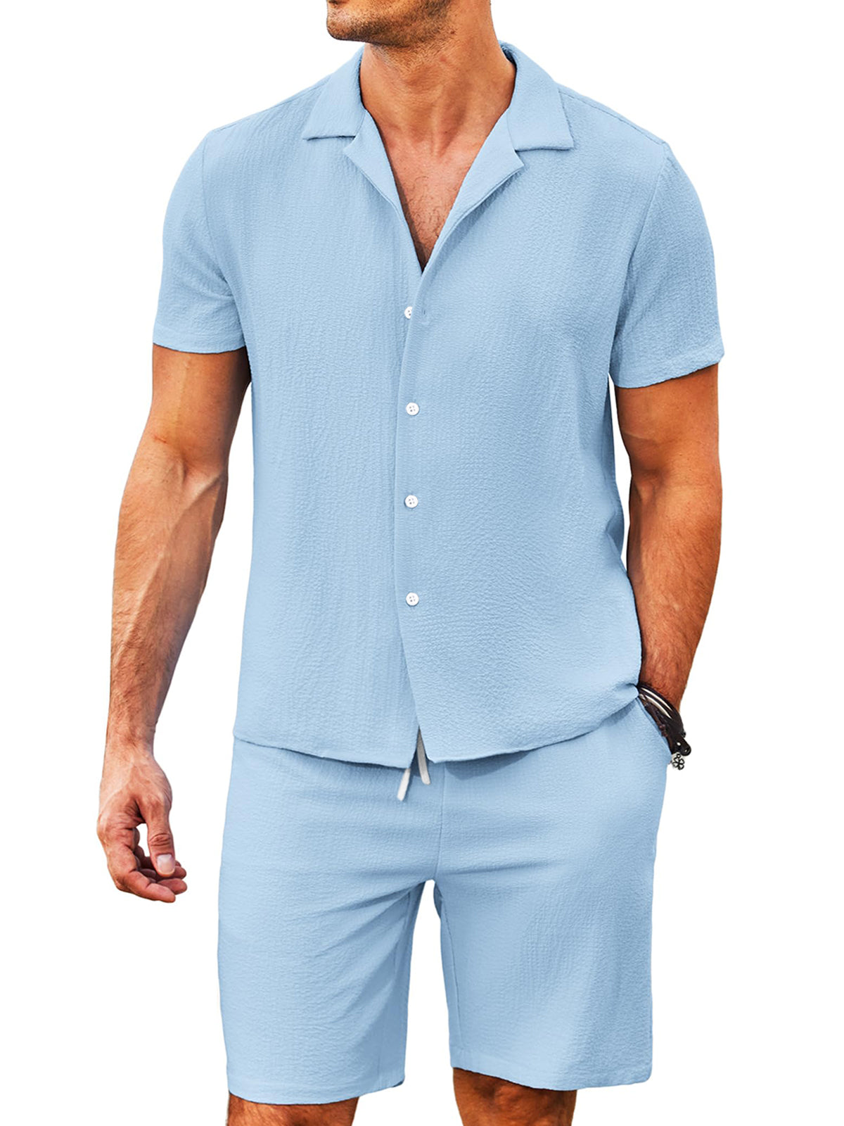 Men's Daily Comfortable Solid Color Puff Wrinkle Short Sleeve Shorts Set