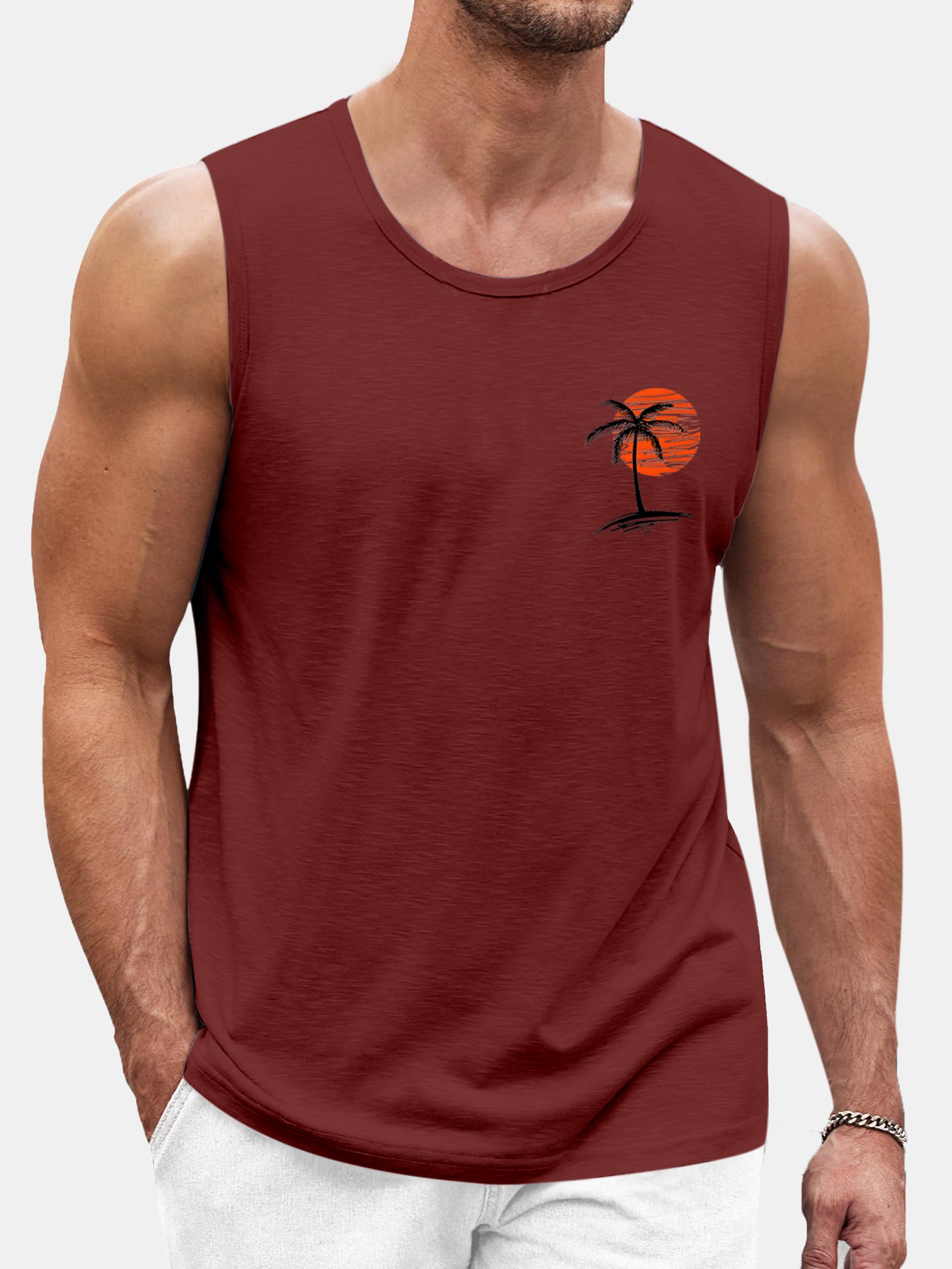 Men's Solid Color Hawaiian Coconut Print Comfortable Sleeveless T-shirt