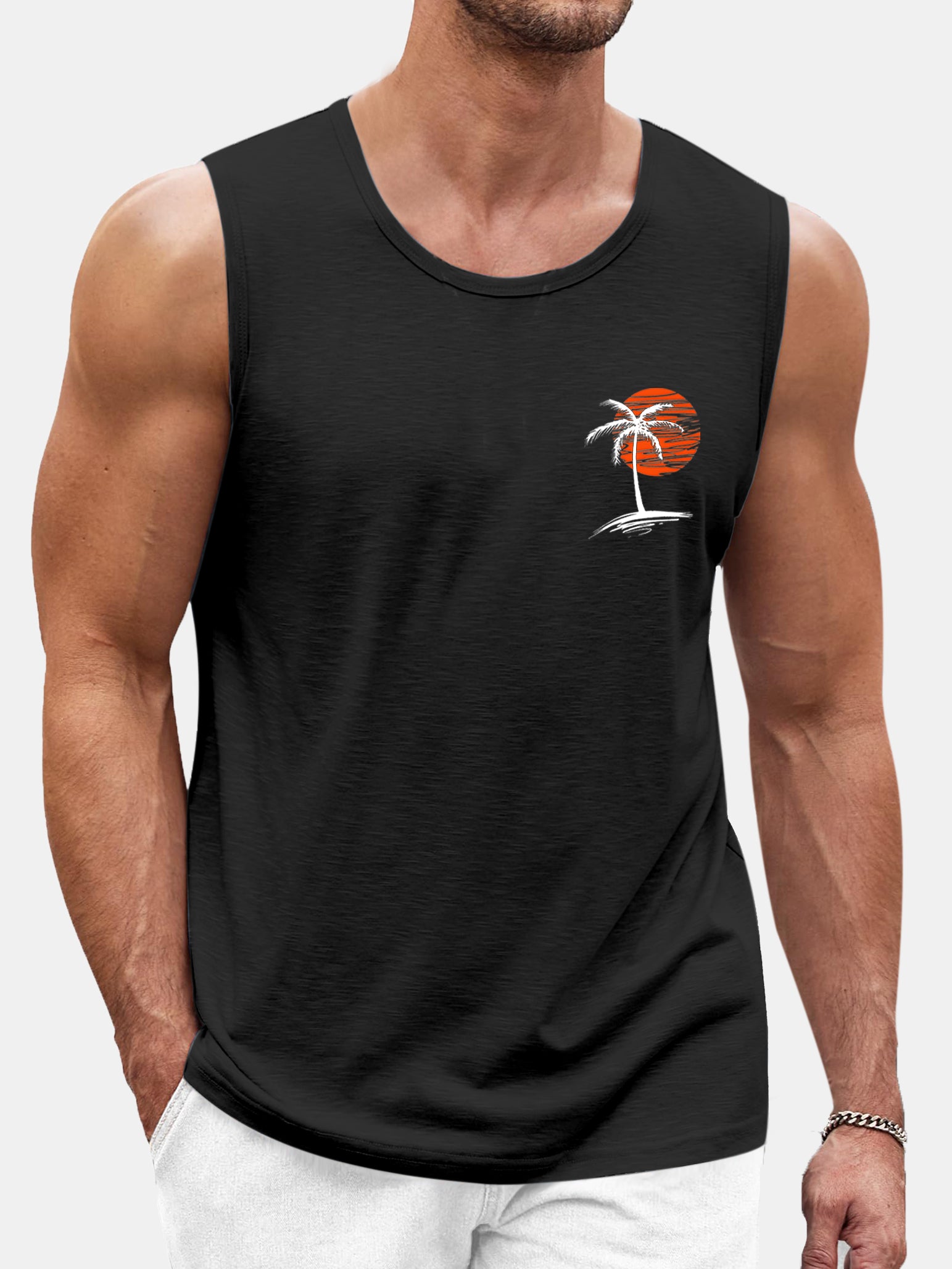 Men's Solid Color Hawaiian Coconut Print Comfortable Sleeveless T-shirt