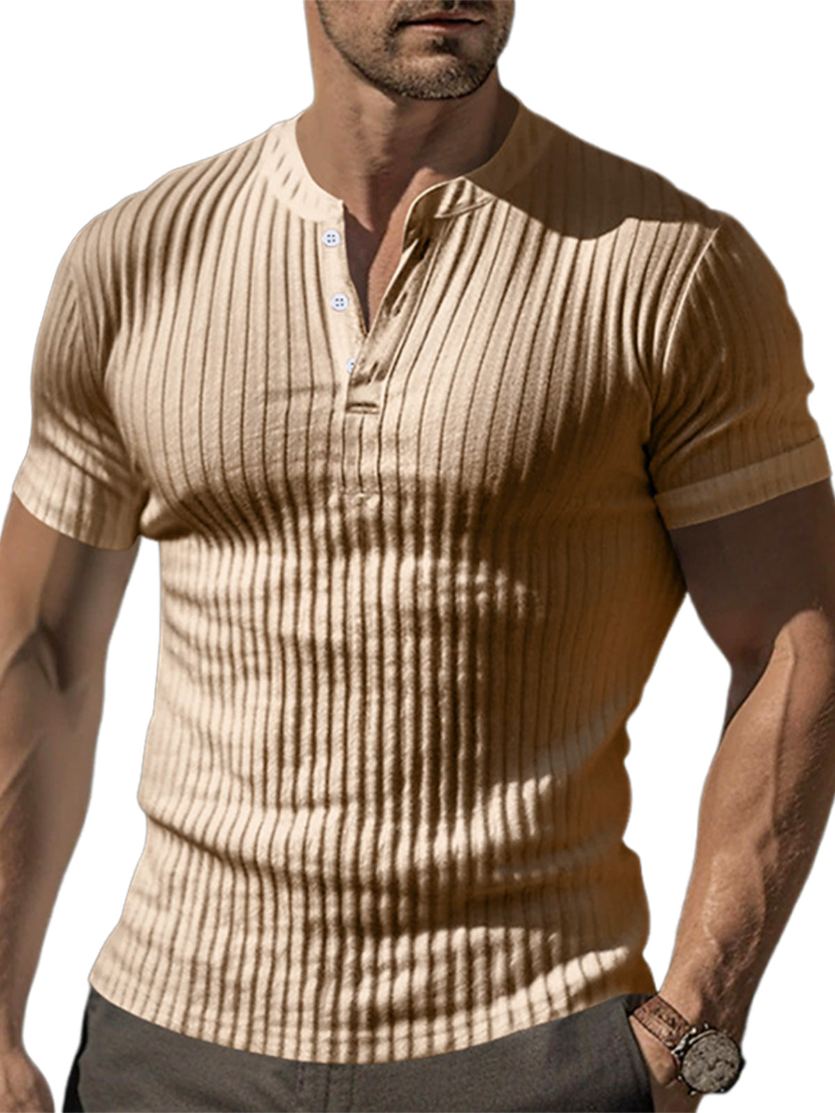 Men's solid color pit strip casual button V-neck short-sleeved Henley T-shirt