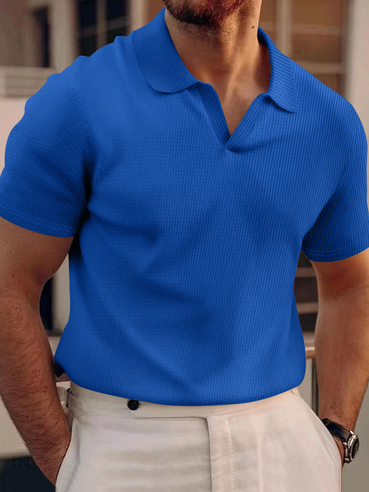 Men's waffle polo V-neck short sleeve t-shirt