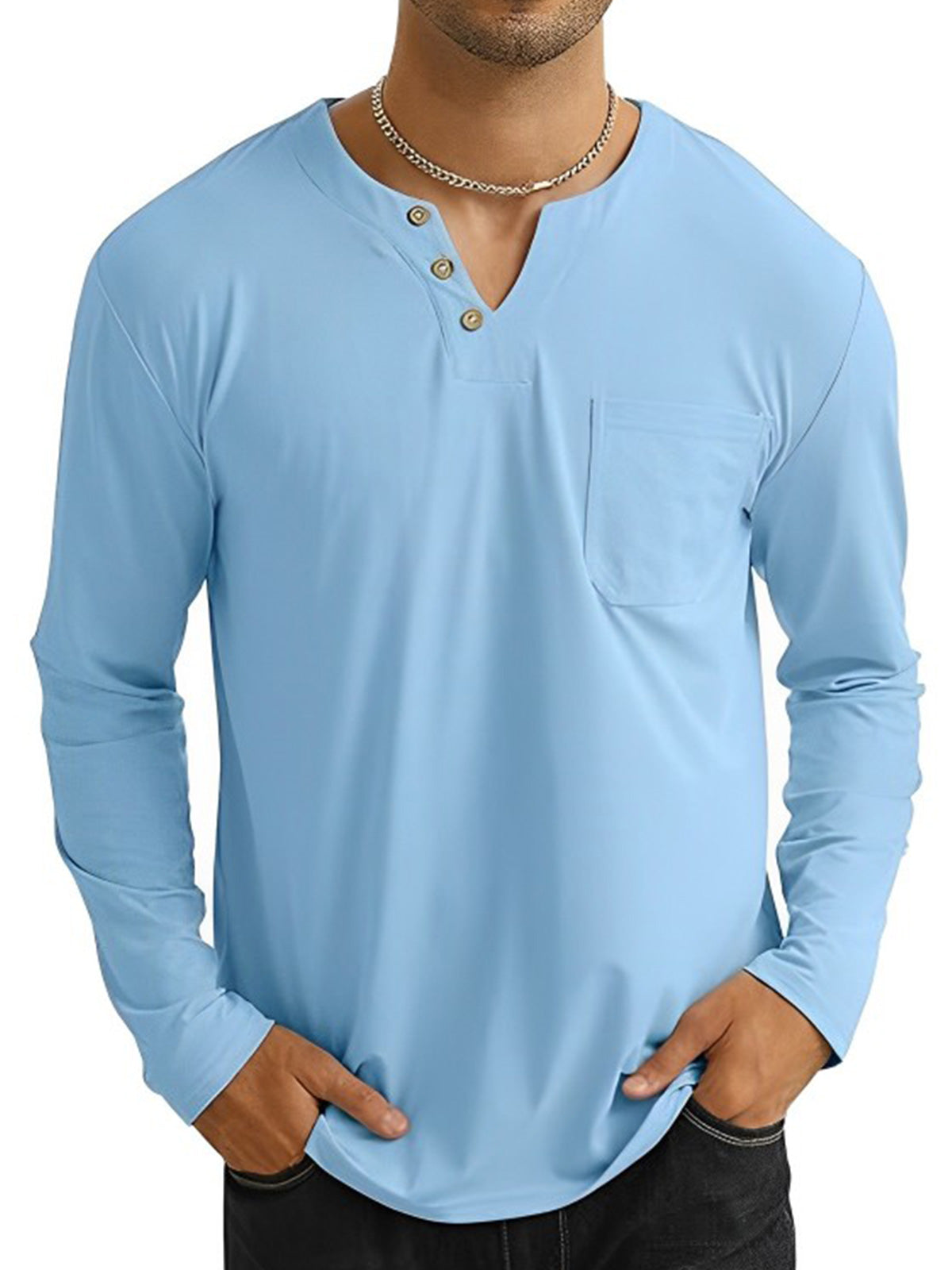 Men's v-neck button pocket long sleeve t-shirt top