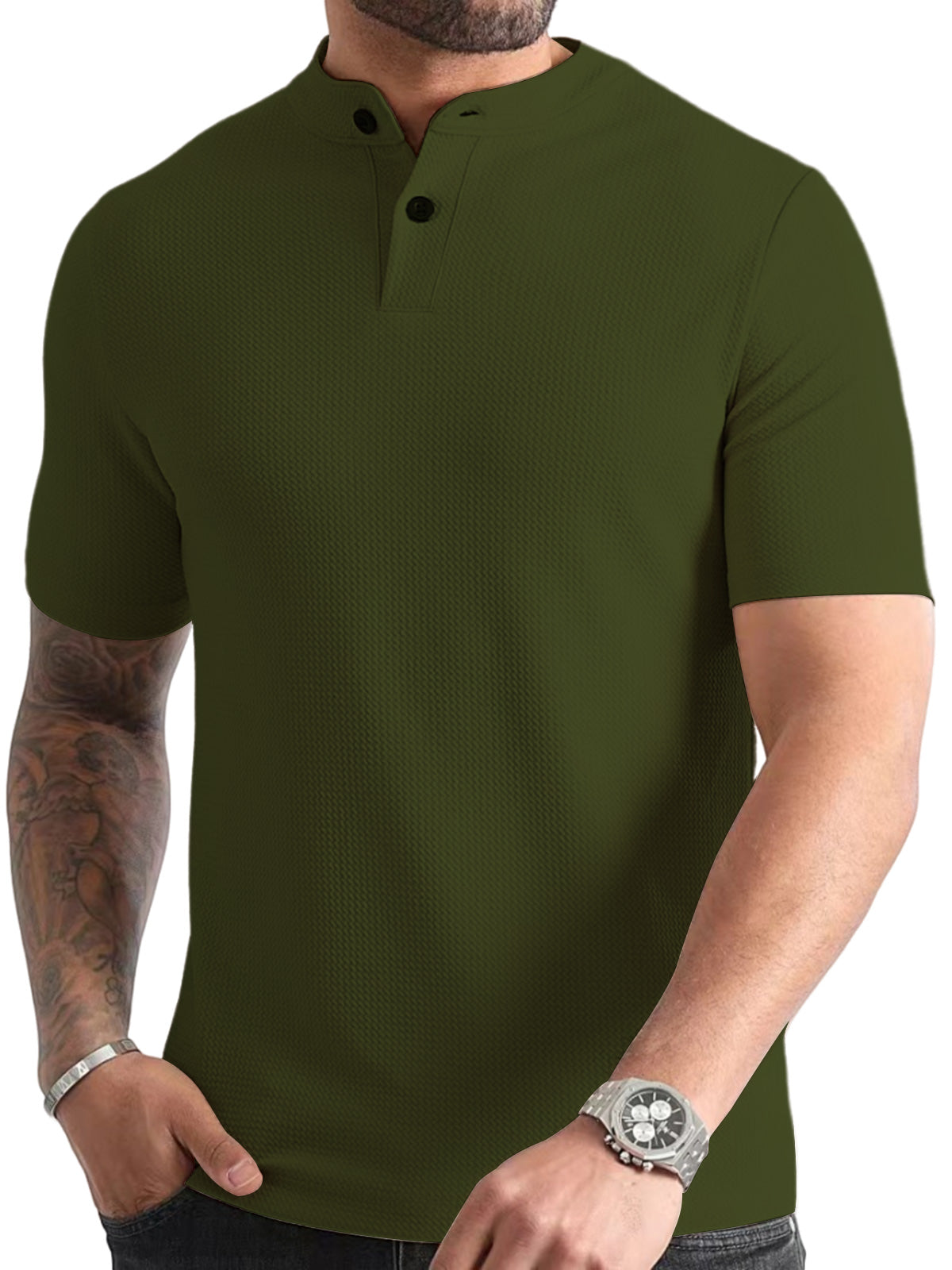 Men's simple texture solid color Henley short-sleeved T-shirt