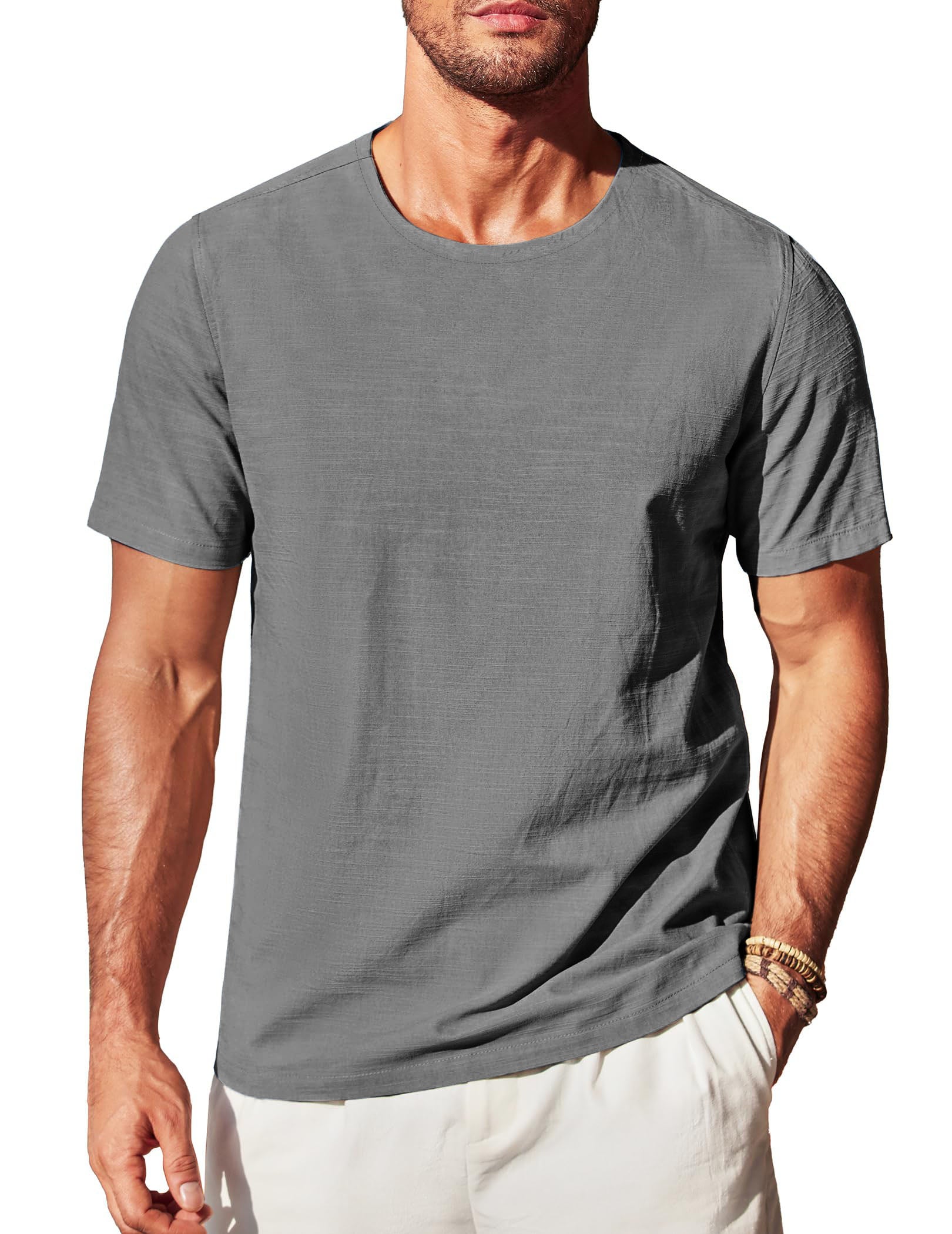 Men's Cotton and Linen Round Neck Short-Sleeved T-shirt