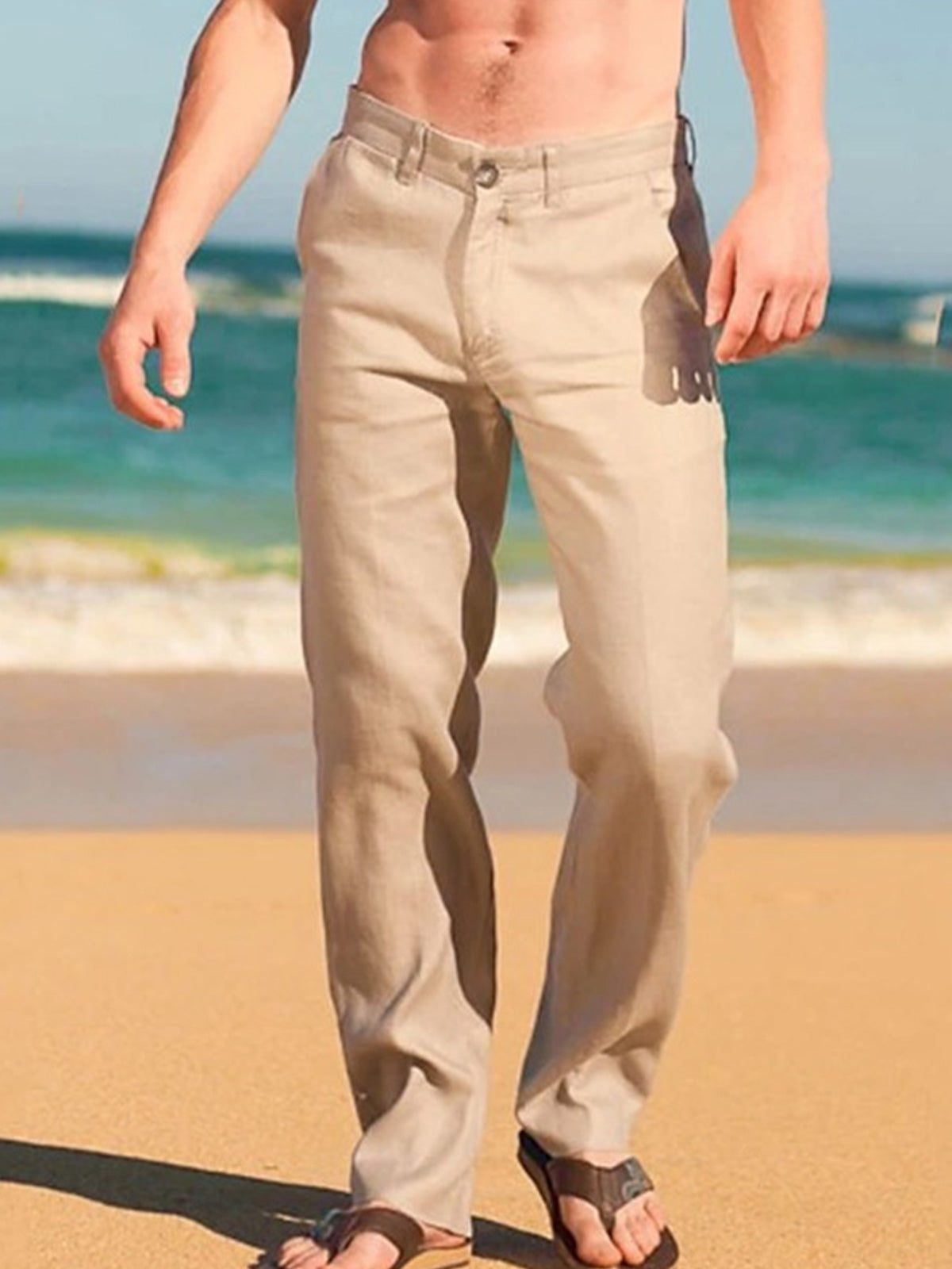 Men's linen solid color casual trousers