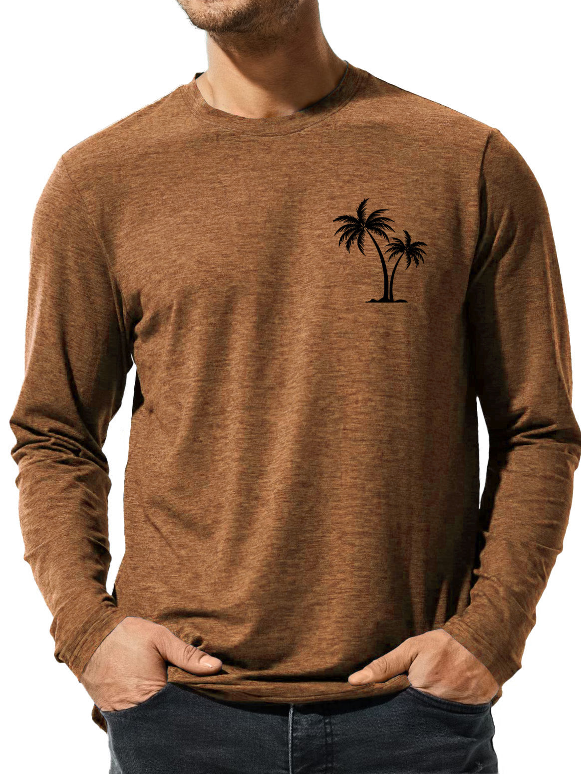 Men's Solid Color Coconut Palm Tree Printed Casual Long Sleeve T-Shirt