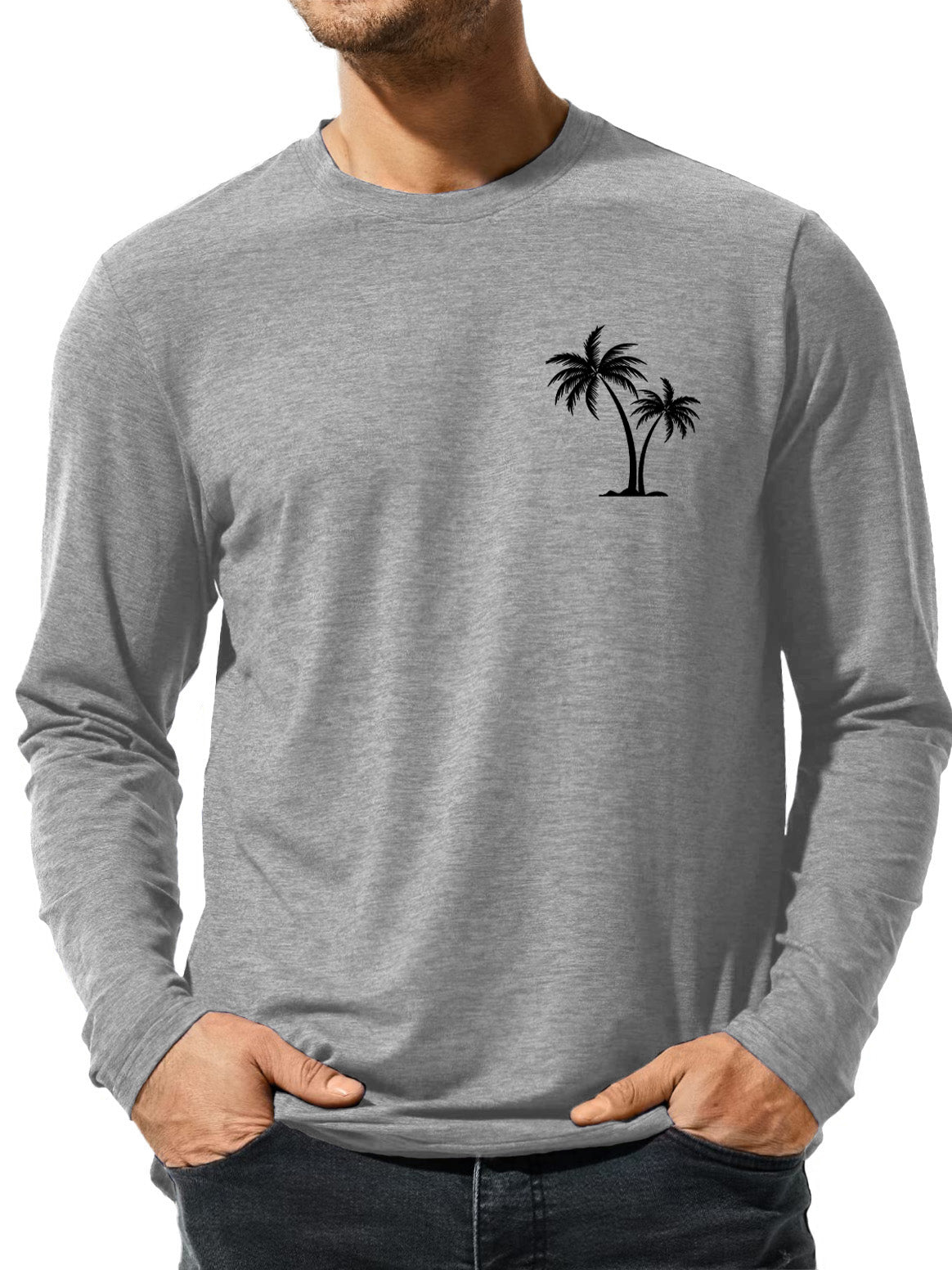 Men's Solid Color Coconut Palm Tree Printed Casual Long Sleeve T-Shirt