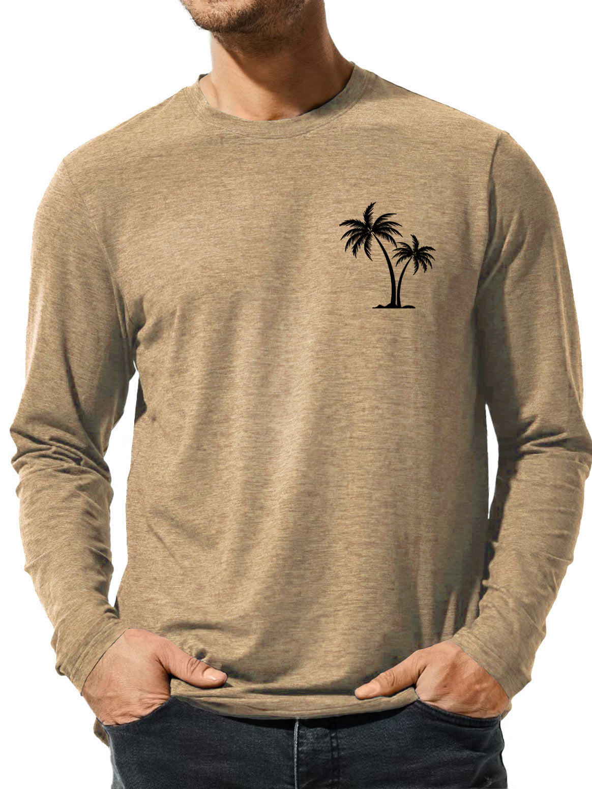 Men's Solid Color Coconut Palm Tree Printed Casual Long Sleeve T-Shirt