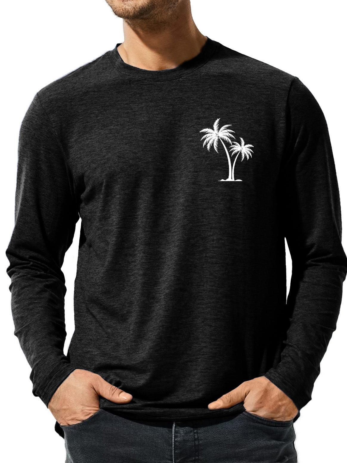 Men's Solid Color Coconut Palm Tree Printed Casual Long Sleeve T-Shirt