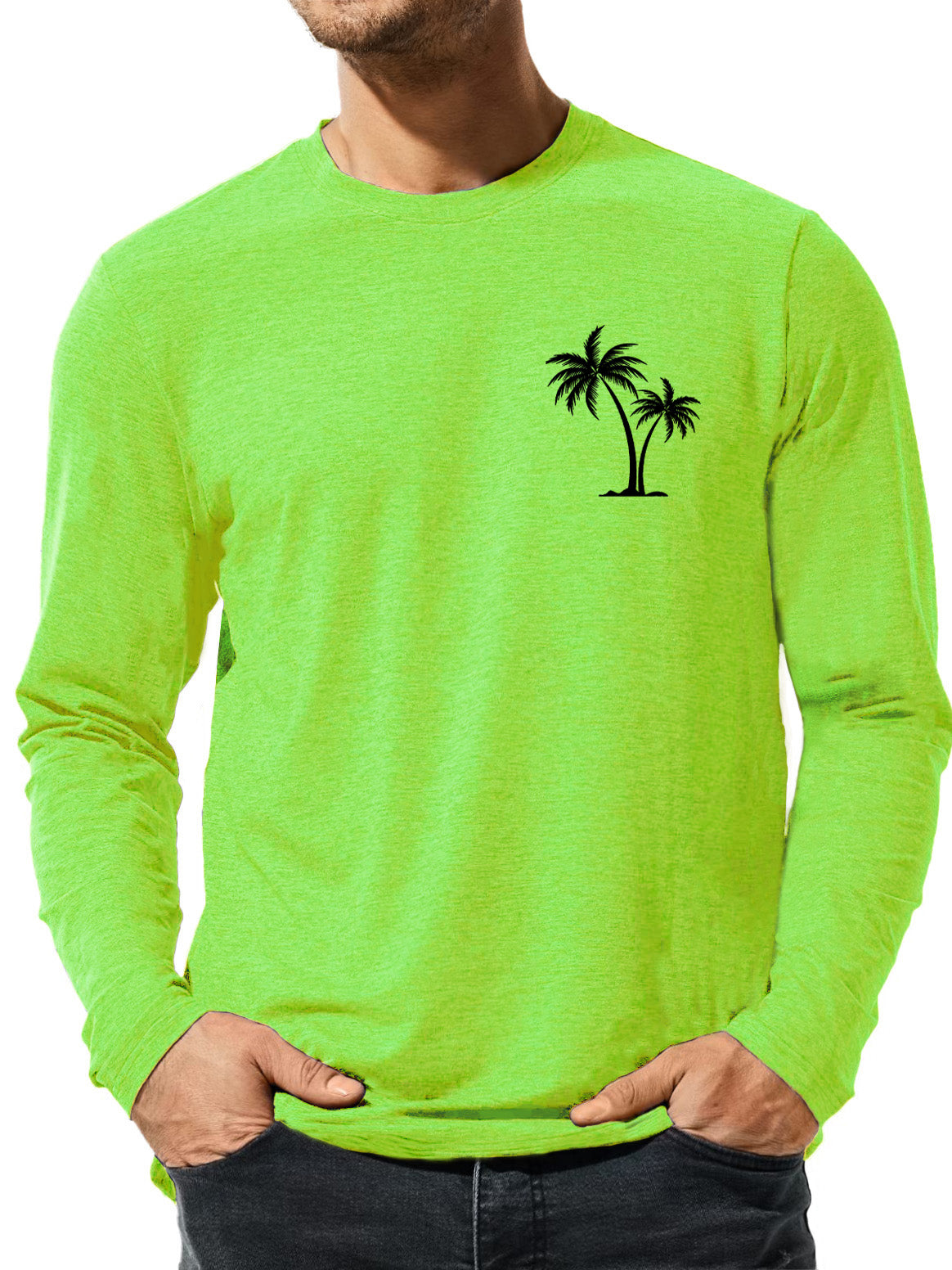 Men's Solid Color Coconut Palm Tree Printed Casual Long Sleeve T-Shirt