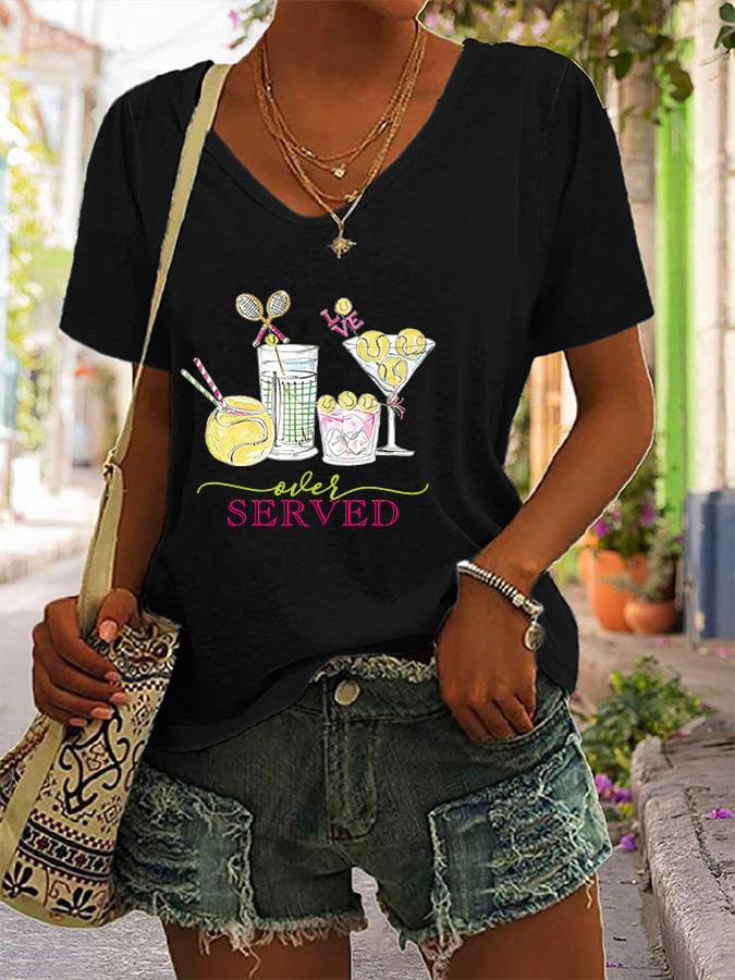 Women's Funny Tennis Tennis Drinks  Tennis Lover Print V-neck T-Shirt