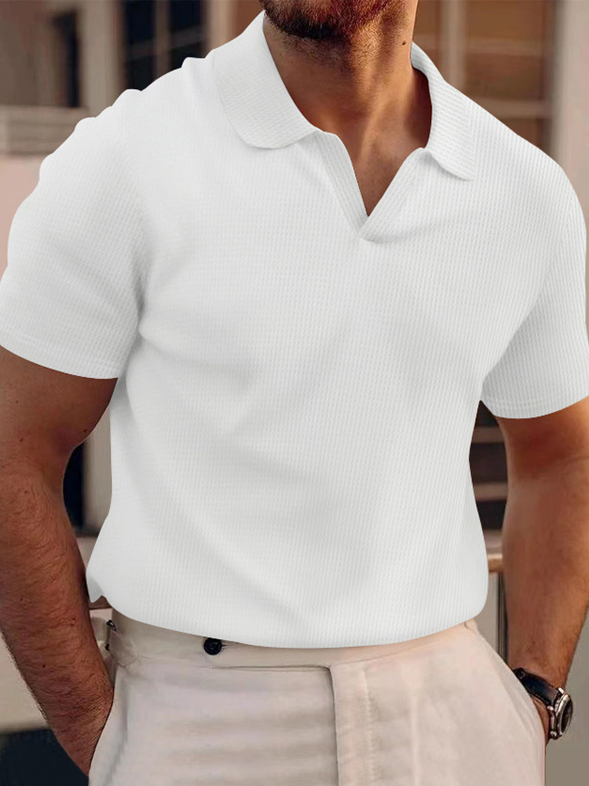 Men's waffle polo V-neck short sleeve t-shirt