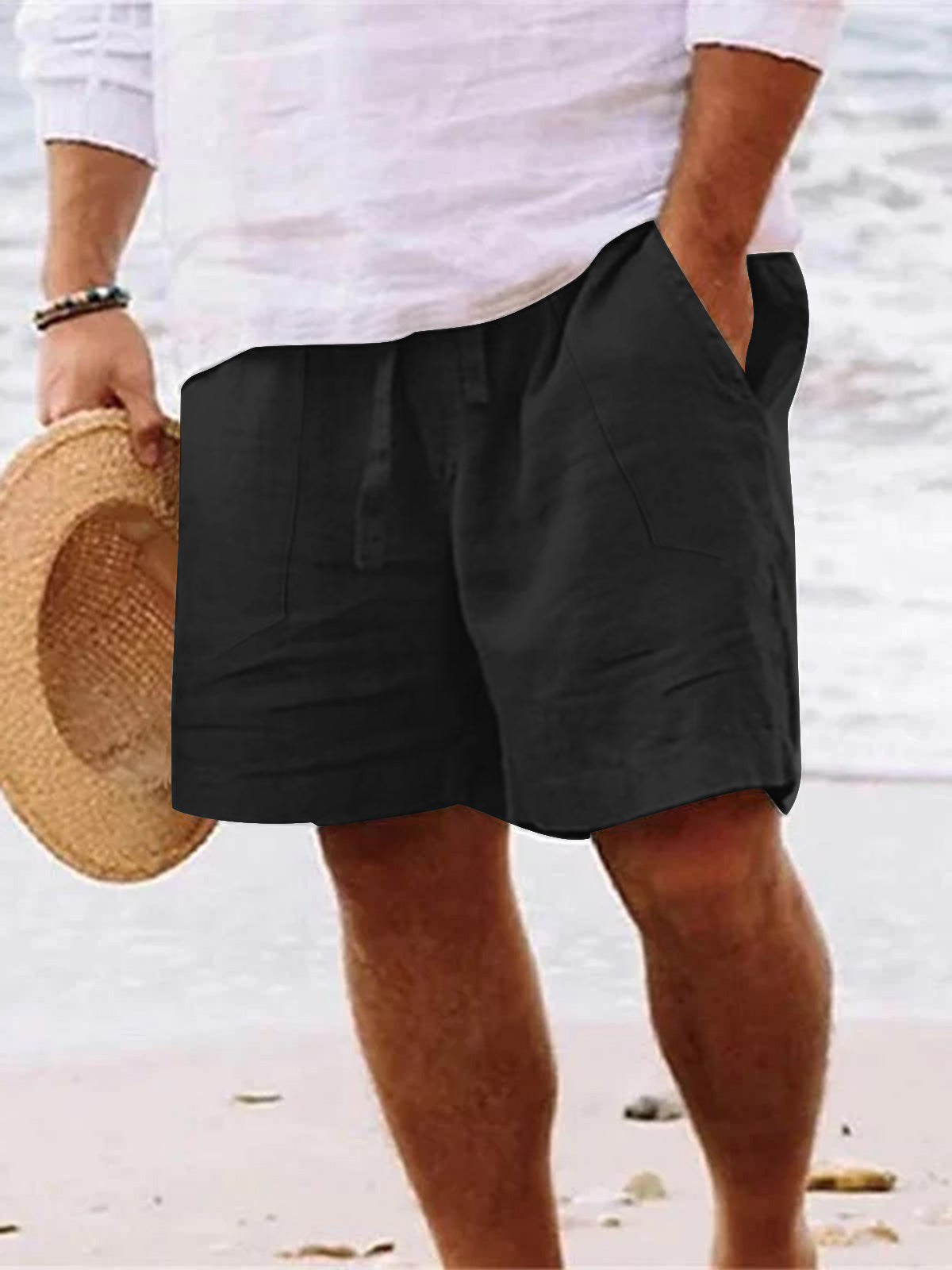 Men's Solid Color Drawstring Breathable Cotton and Linen Beach Shorts