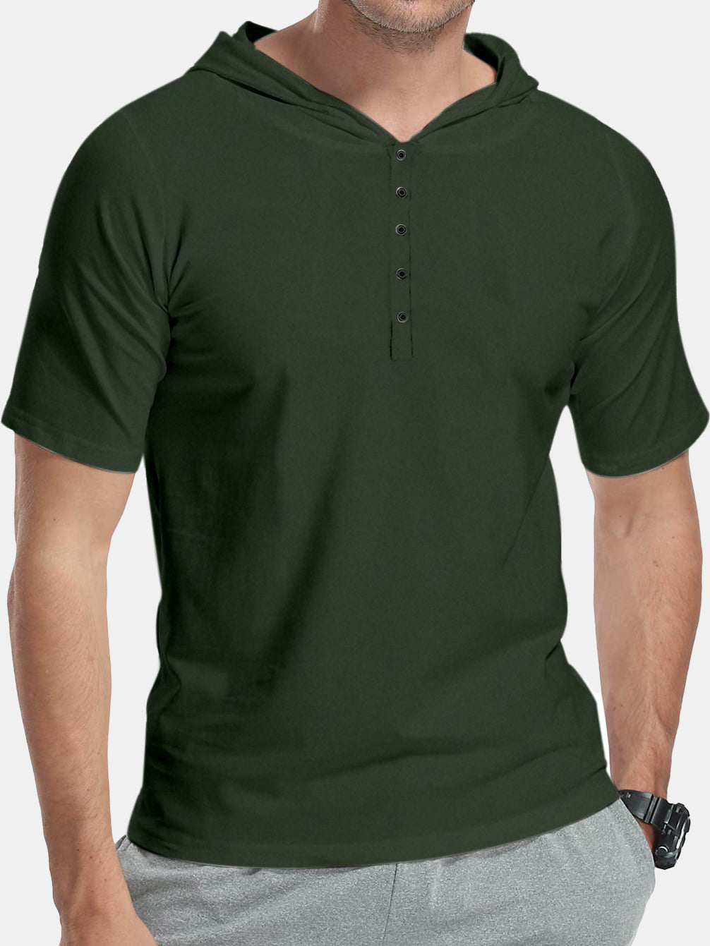 Men's Simple Solid Color Button Hooded Short-sleeved T-shirt