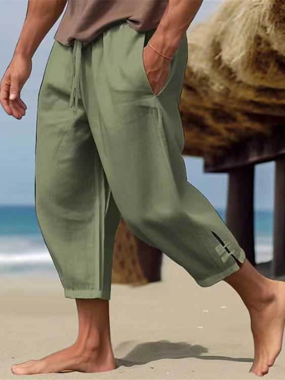 Men's Solid Color Linen Buckle Casual Trousers